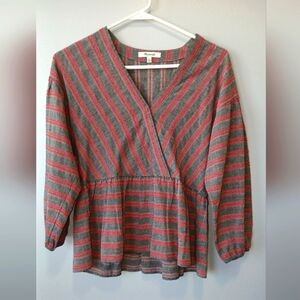 Madewell Crossover Bubble Sleeve Peplum Striped Top Size XS Cottagecore
